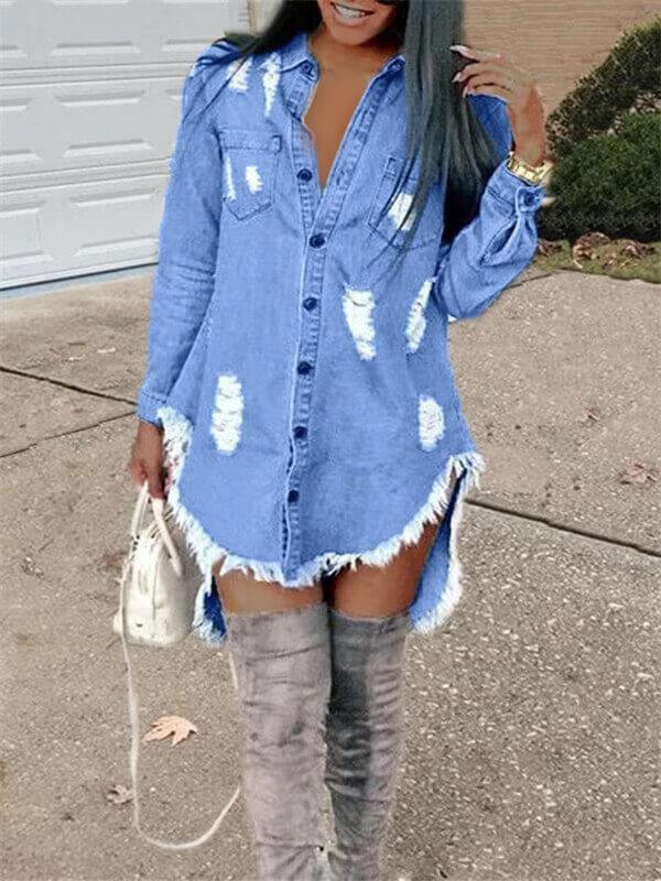 Distressed Denim Shirt Dress Ins Street