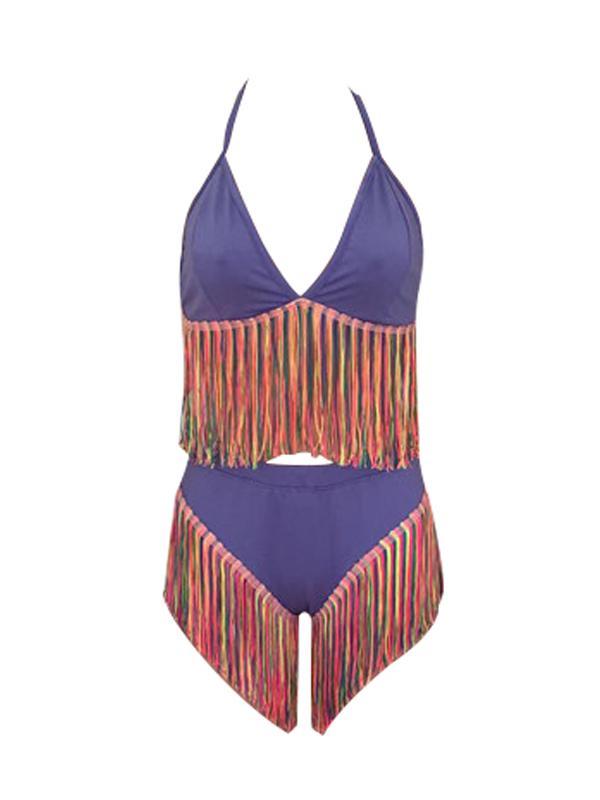 Multicolor Fringe Halter Bikini Ins Street