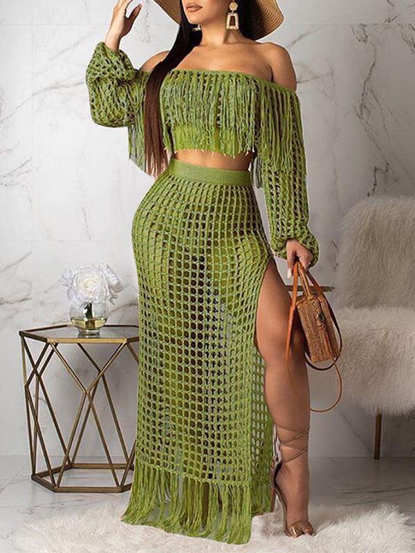 Mesh Tassels Crop Top & Skirt Set Ins Street
