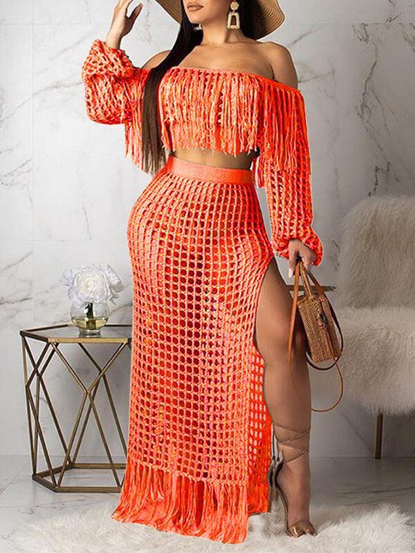 Mesh Tassels Crop Top & Skirt Set Ins Street