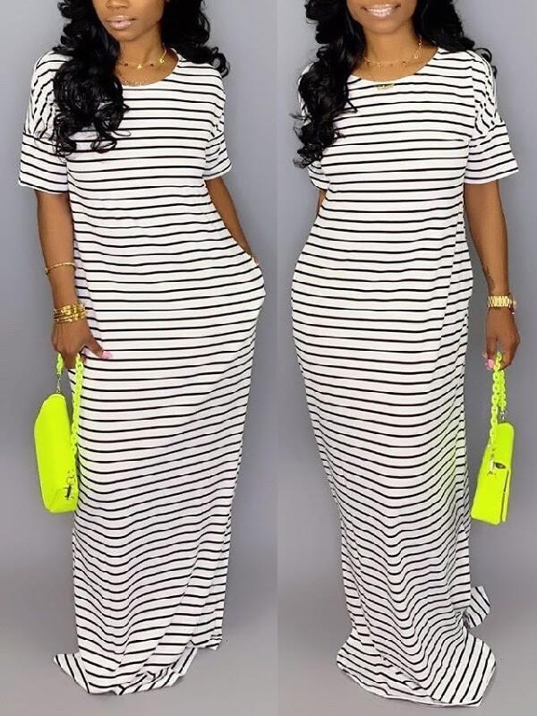 Stripe Short-Sleeve Maxi Dress--Clearance Ins Street