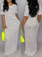 Stripe Short-Sleeve Maxi Dress Ins Street