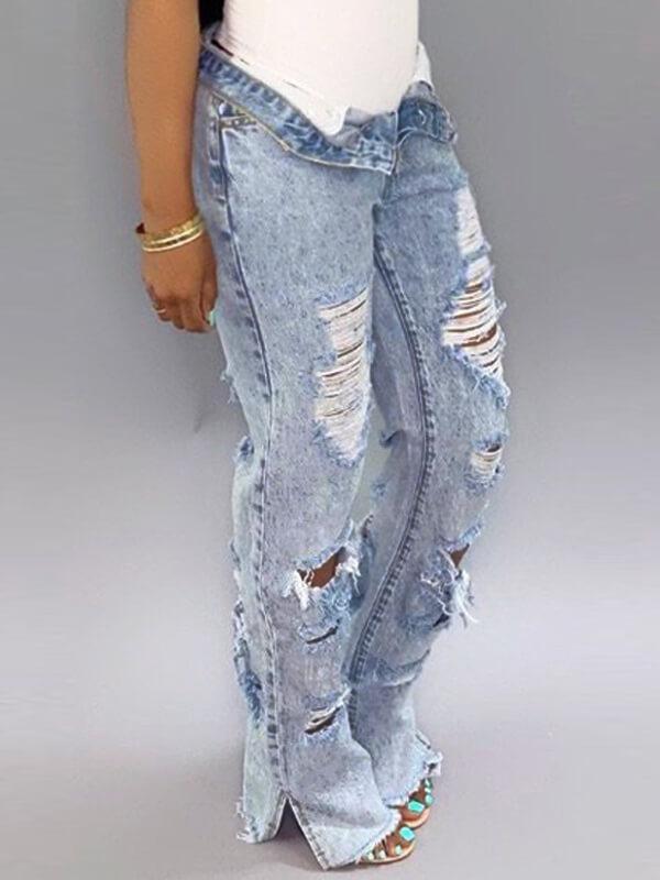 Distressed Side-Slit Jeans Ins Street