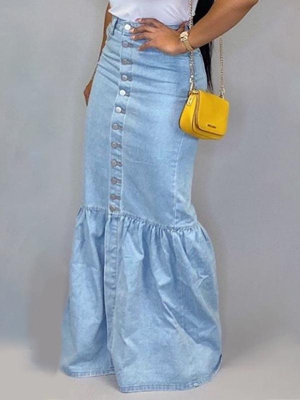 Button-Down Denim Skirt Ins Street