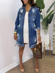 Distressed Fringe Denim Jacket Ins Street