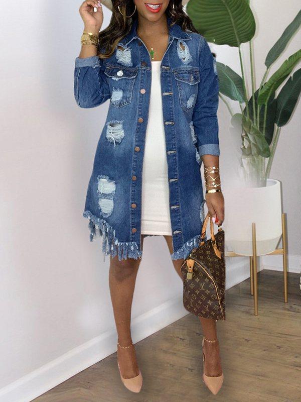 Distressed Fringe Denim Jacket Ins Street