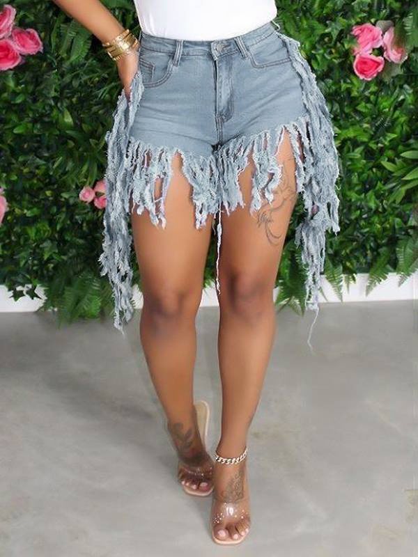 Fringe Combo Denim Shorts Ins Street