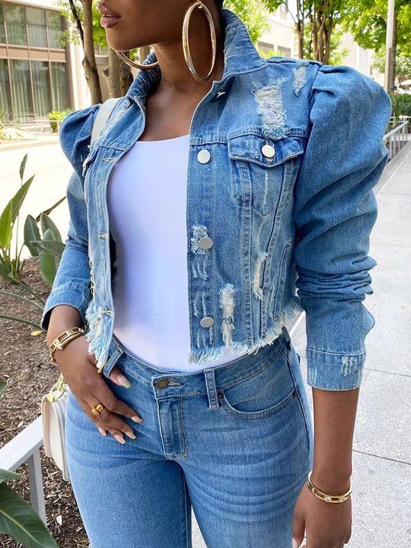 Distressed Puff-Sleeve Denim Jacket Ins Street