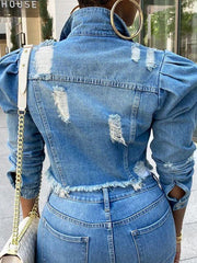 Distressed Puff-Sleeve Denim Jacket Ins Street