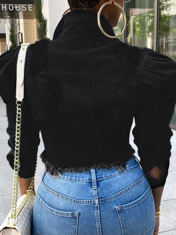 Distressed Puff-Sleeve Denim Jacket Ins Street