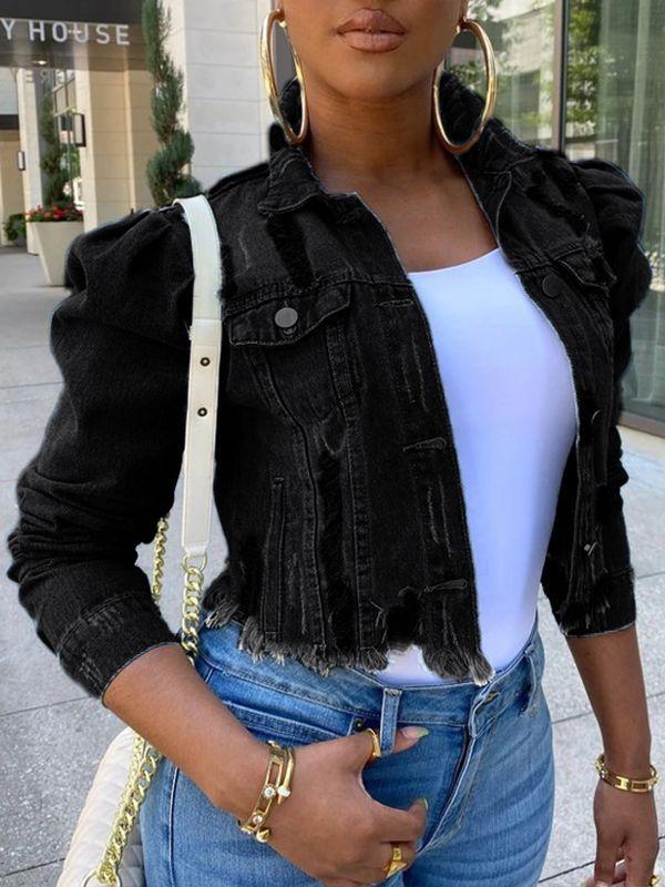 Distressed Puff-Sleeve Denim Jacket Ins Street