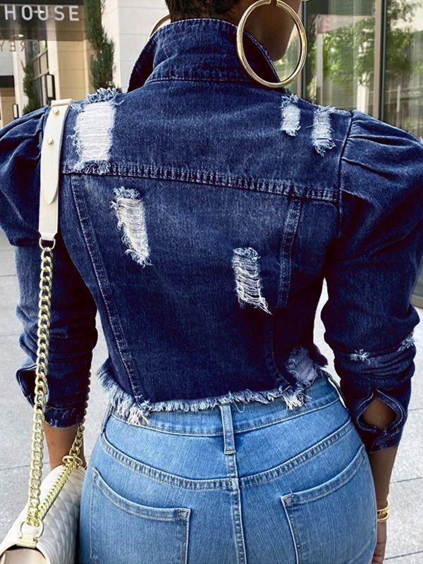 Distressed Puff-Sleeve Denim Jacket Ins Street