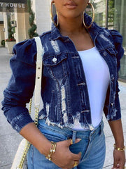 Distressed Puff-Sleeve Denim Jacket Ins Street