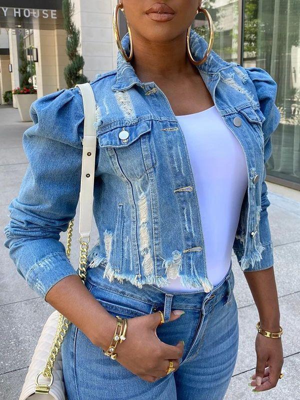 Distressed Puff-Sleeve Denim Jacket Ins Street