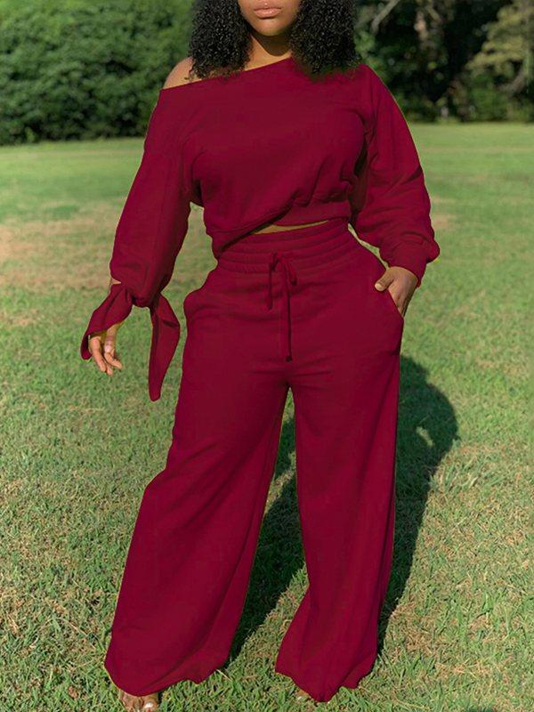 Solid Sweatshirt & Wide-Leg Pants Set Ins Street