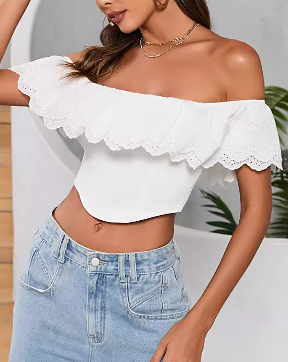 Taine Off The Shoulder Scalloped Crop Top - White Ins Street