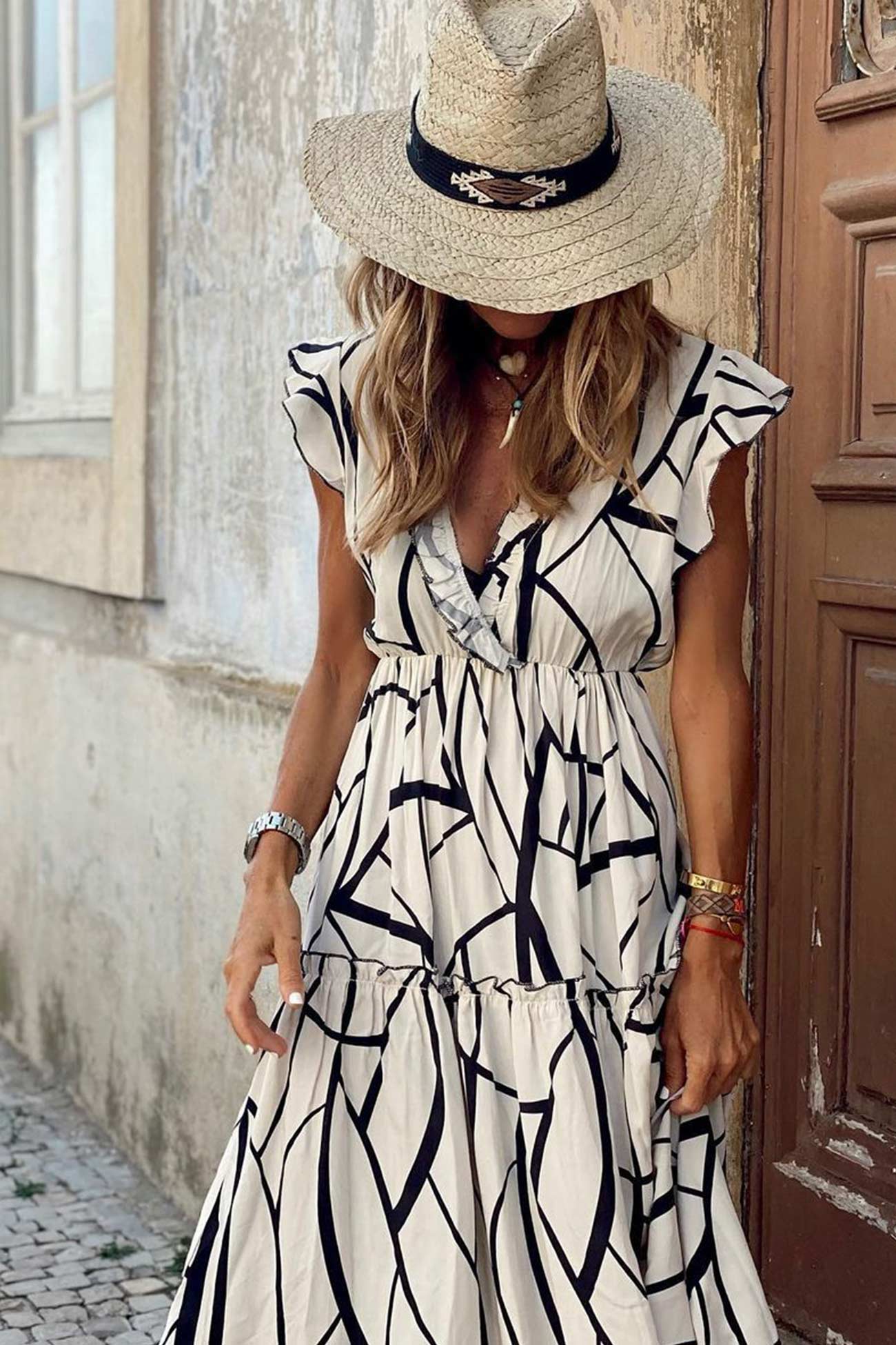 Geometric Print V Neck Ruffle Maxi Dress InsStreet