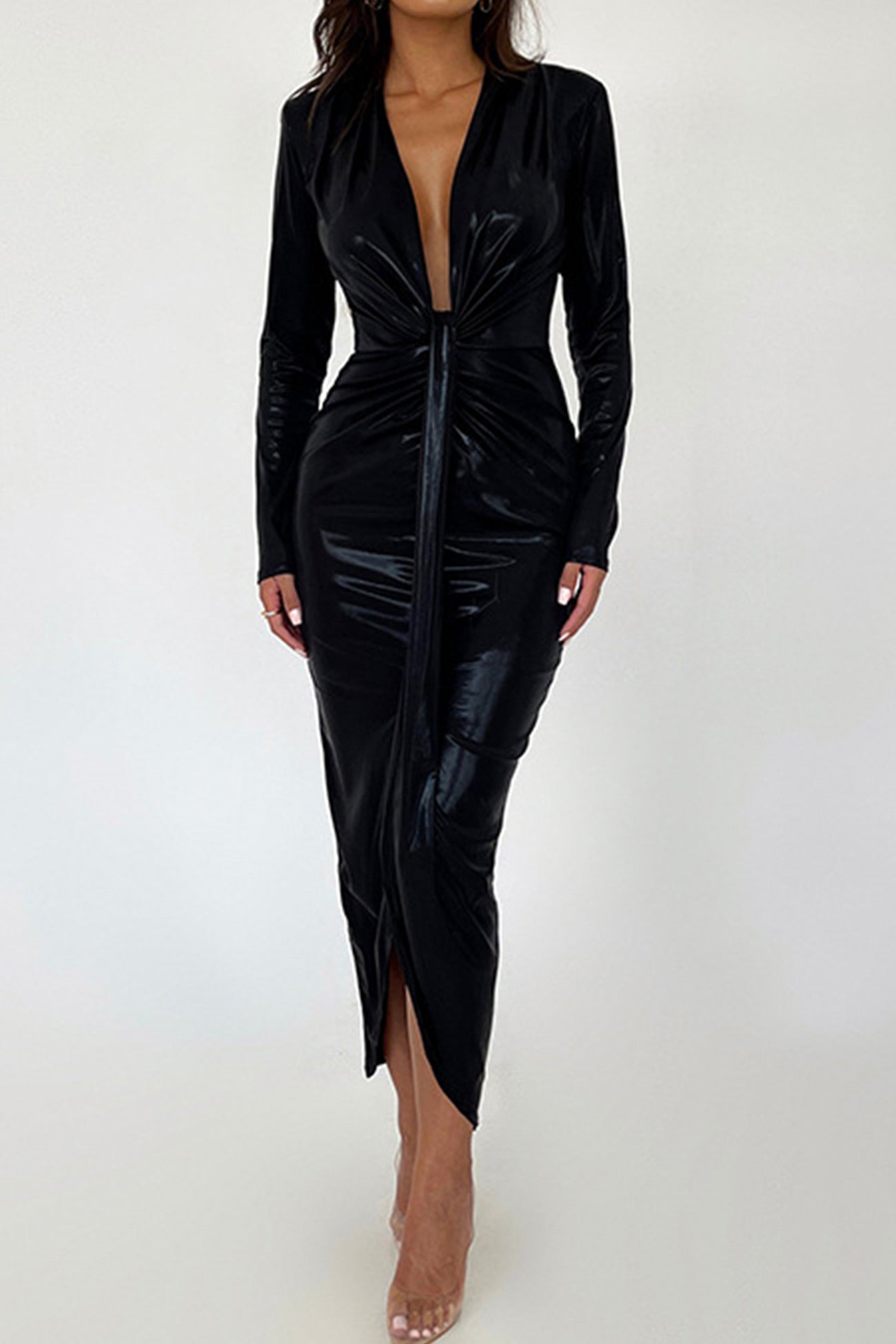 Glossy V Neck Ruched Slit Dress InsStreet