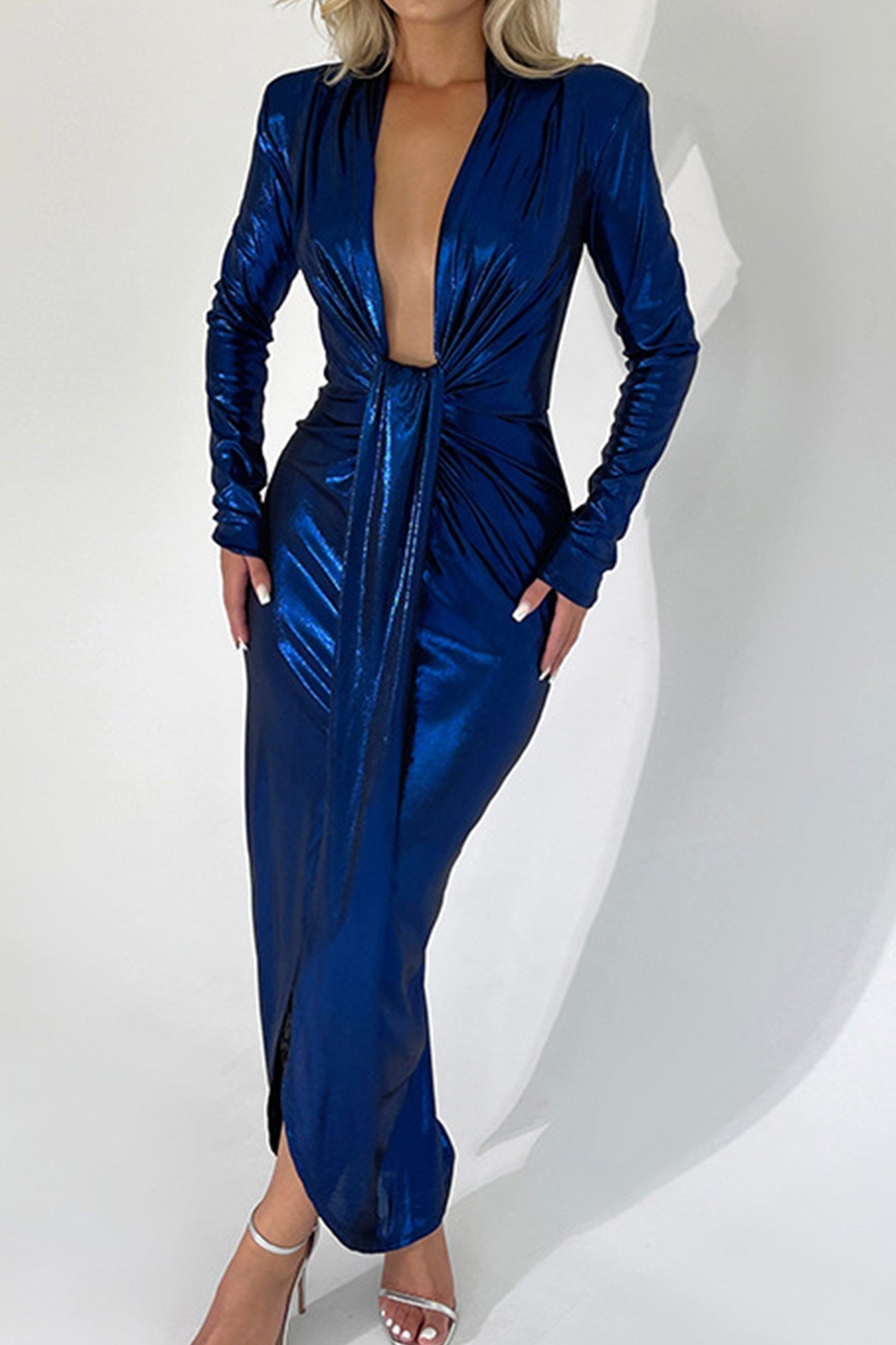 Glossy V Neck Ruched Slit Dress InsStreet