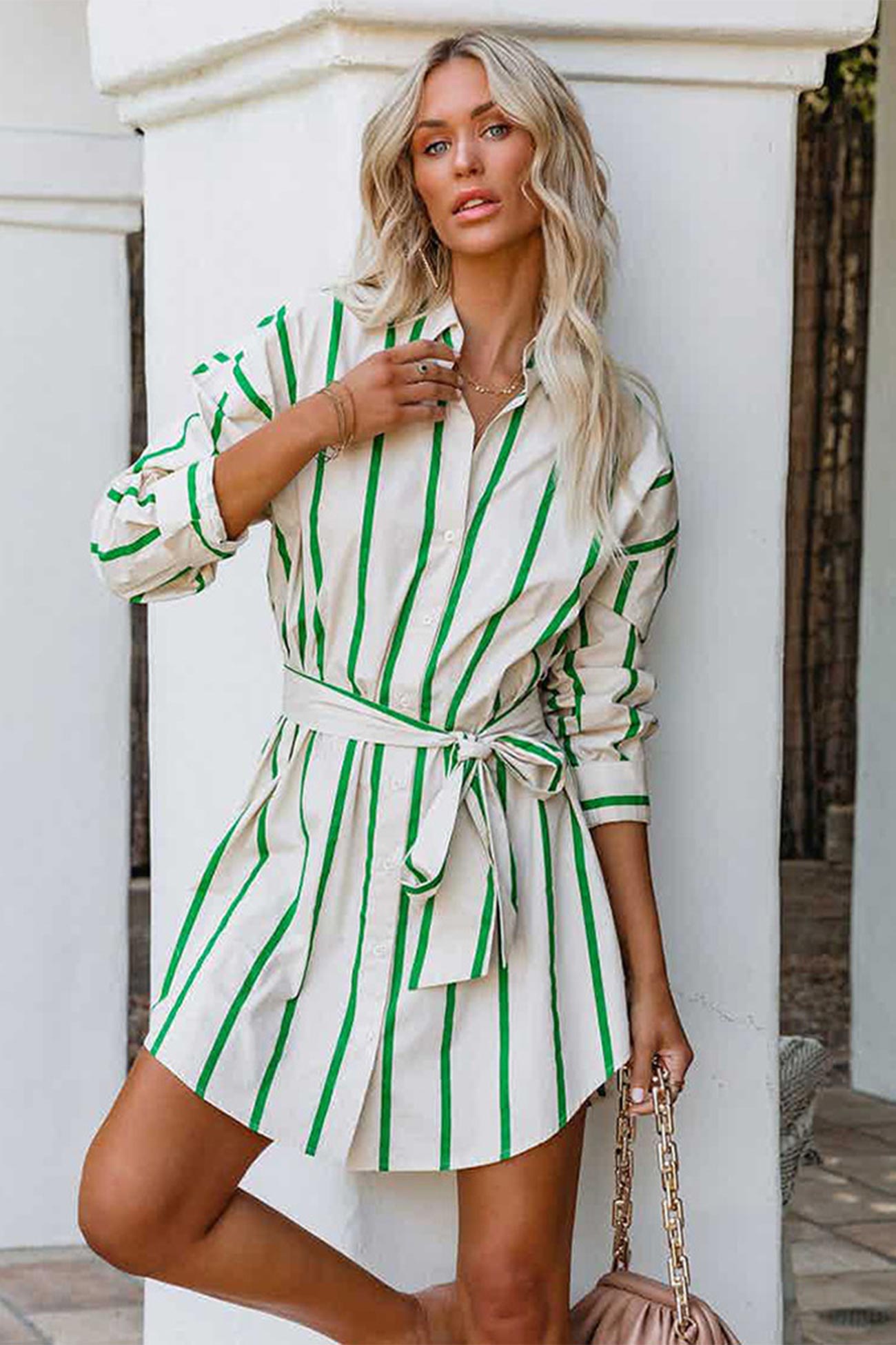 Striped Print Lace-up Shirt Dress - Green InsStreet