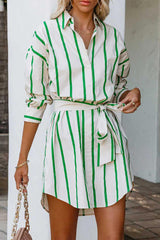 Striped Print Lace-up Shirt Dress - Green InsStreet