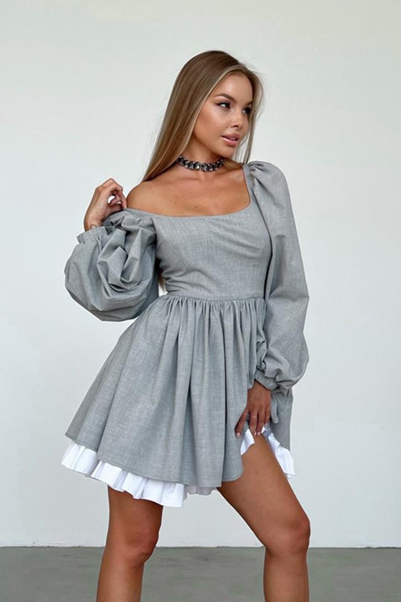 High Waist A-Line Babydoll Dress in Grey InsStreet