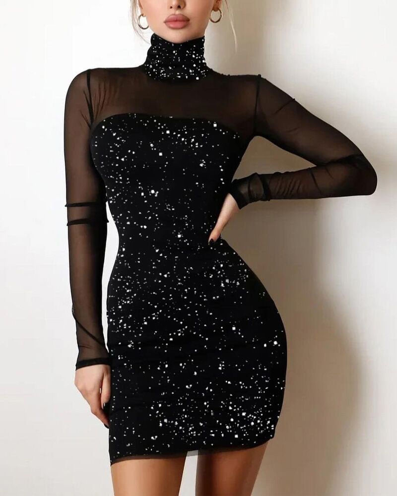 Sequin Sheer Mesh Glitter Long Sleeve Party Dress InsStreet