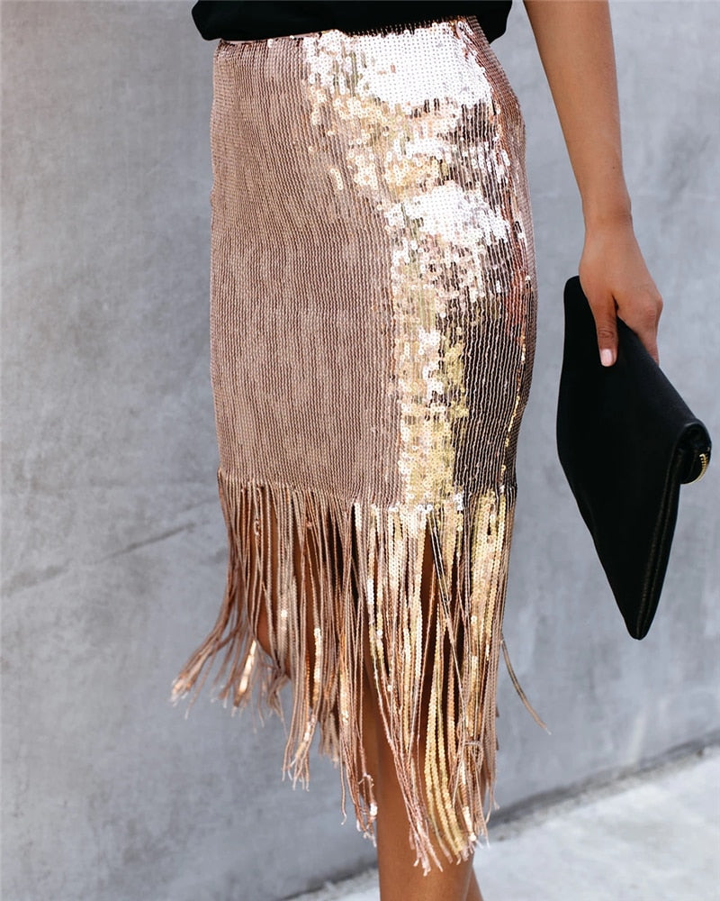 2024 Sequin Tassel Tight Midi Skirt InsStreet