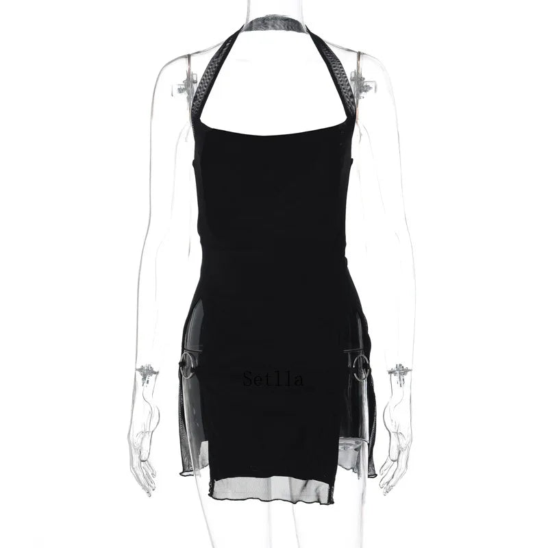 Halter Mesh Sheer Split Elegant See Through Bodycon Mini Dress InsStreet