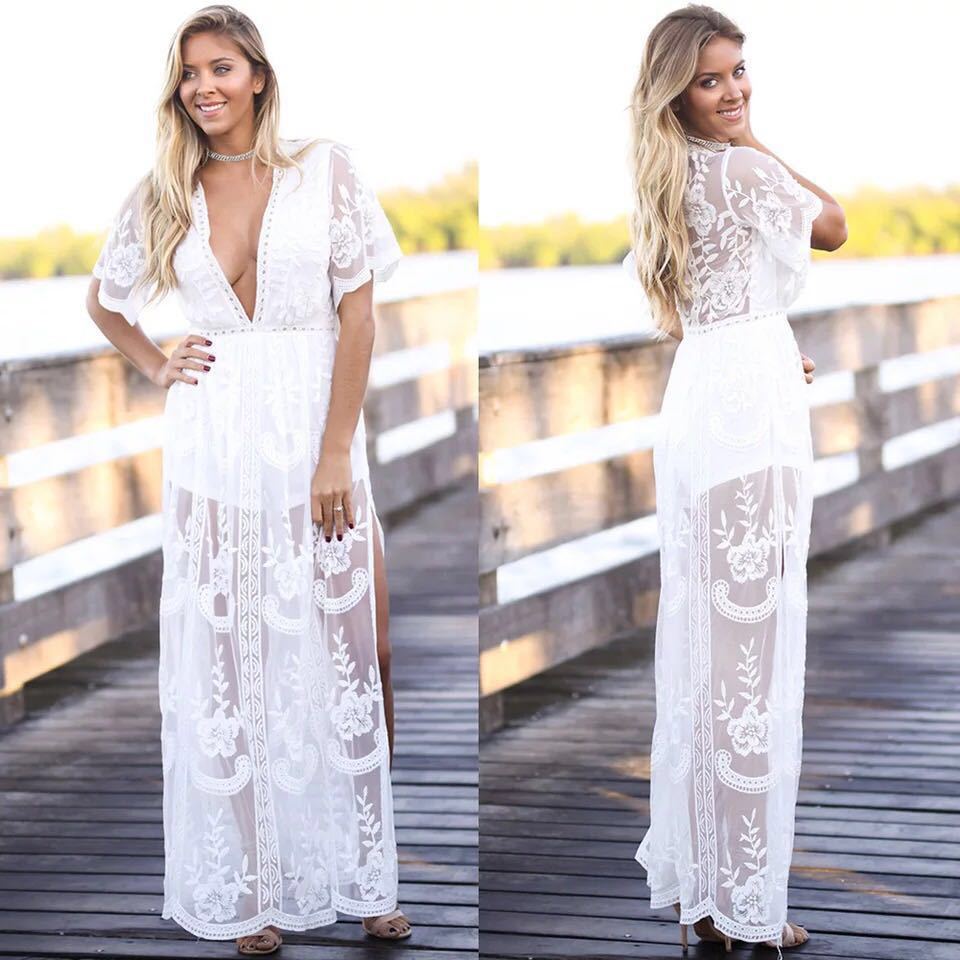 Solid Short Sleeve Beach Sexy Loose Bohemian Maxi Dress InsStreet