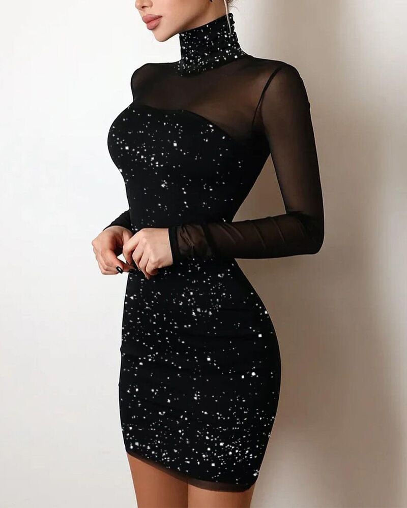 Sequin Sheer Mesh Glitter Long Sleeve Party Dress InsStreet