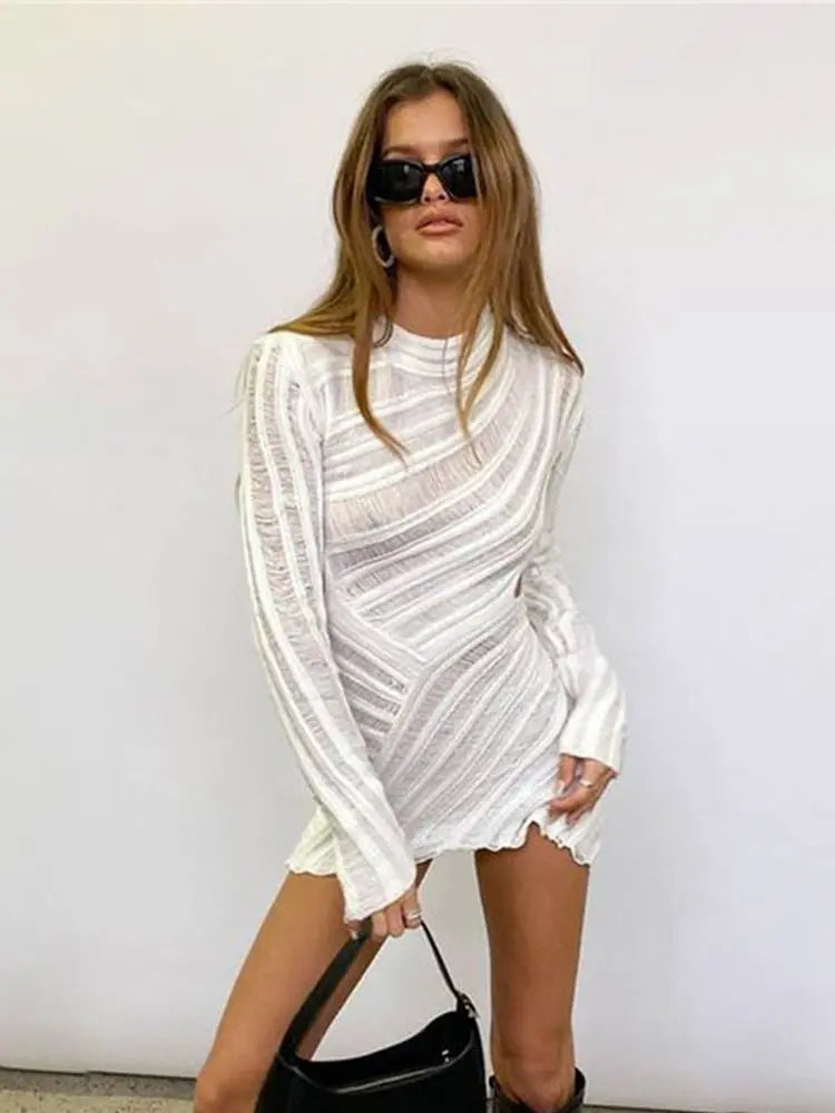 Hollow Out Long Sleeve Knitted Slim Mini Dress InsStreet