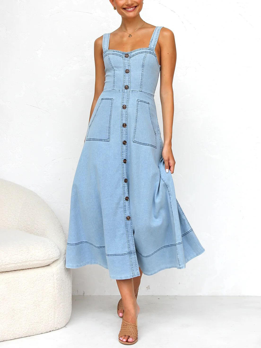 Denim Suspender Casual Charming Button Midi Dress InsStreet