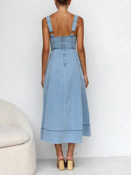 Denim Suspender Casual Charming Button Midi Dress InsStreet