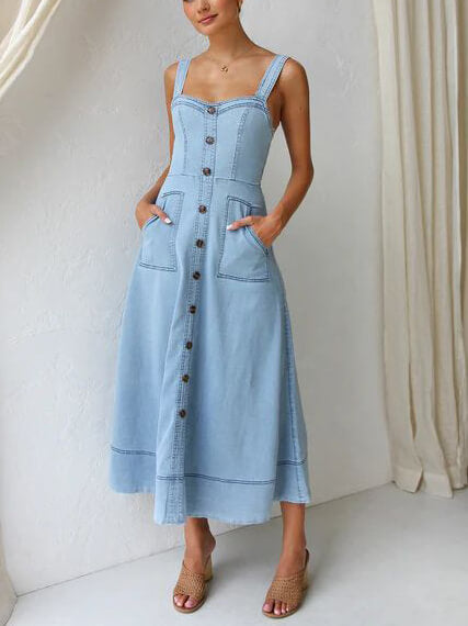 Denim Suspender Casual Charming Button Midi Dress InsStreet