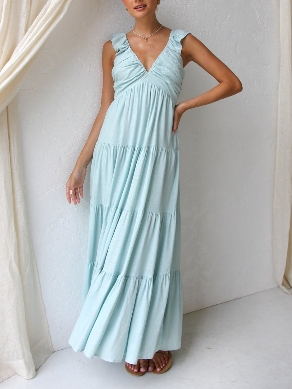 Ruffled Flying Sleeves Smocked Graceful Back Tiered Vacation Maxi Dress InsStreet