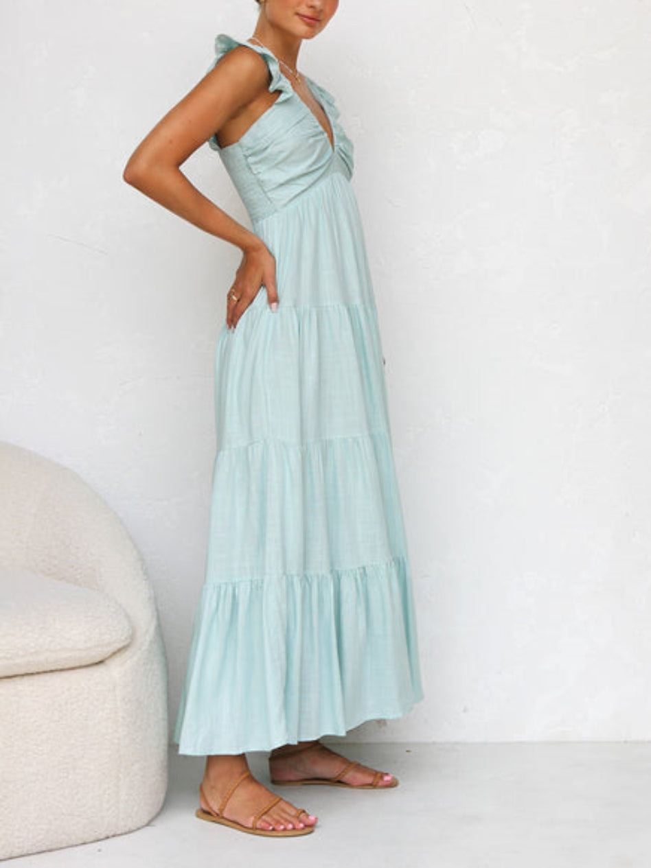 Ruffled Flying Sleeves Smocked Graceful Back Tiered Vacation Maxi Dress InsStreet