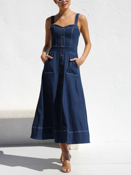 Denim Suspender Casual Charming Button Midi Dress InsStreet