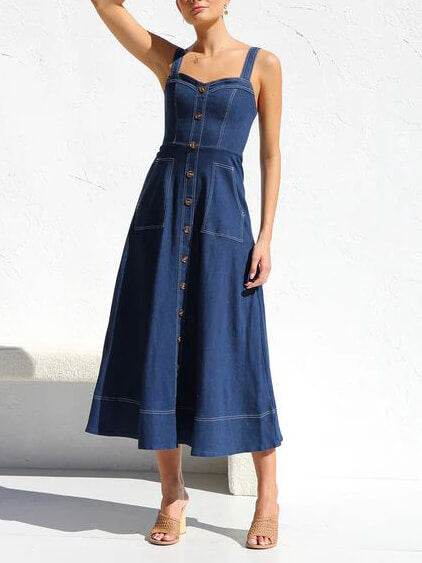 Denim Suspender Casual Charming Button Midi Dress InsStreet