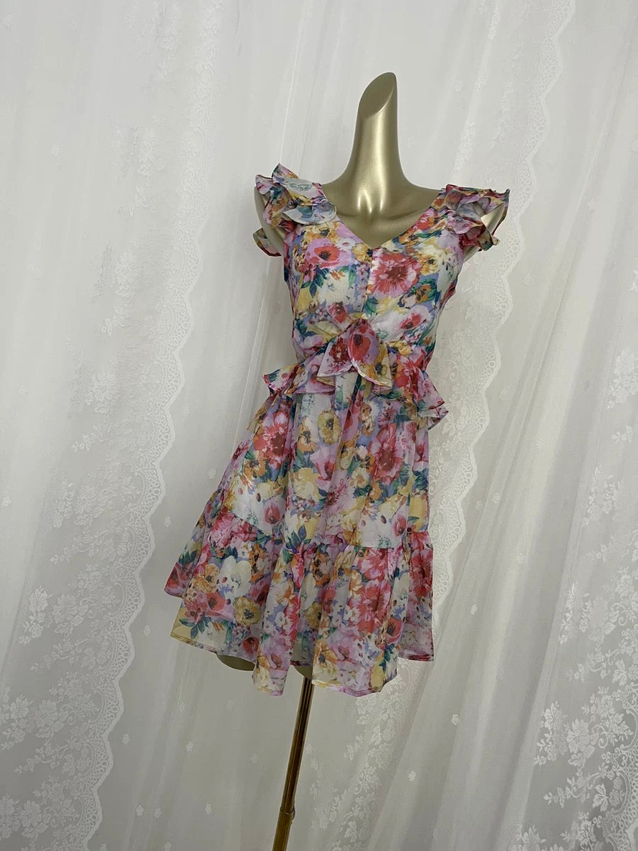 Coralina Floral Ruffle Tiered Tie Babydoll Dress - Pink AAKA-001