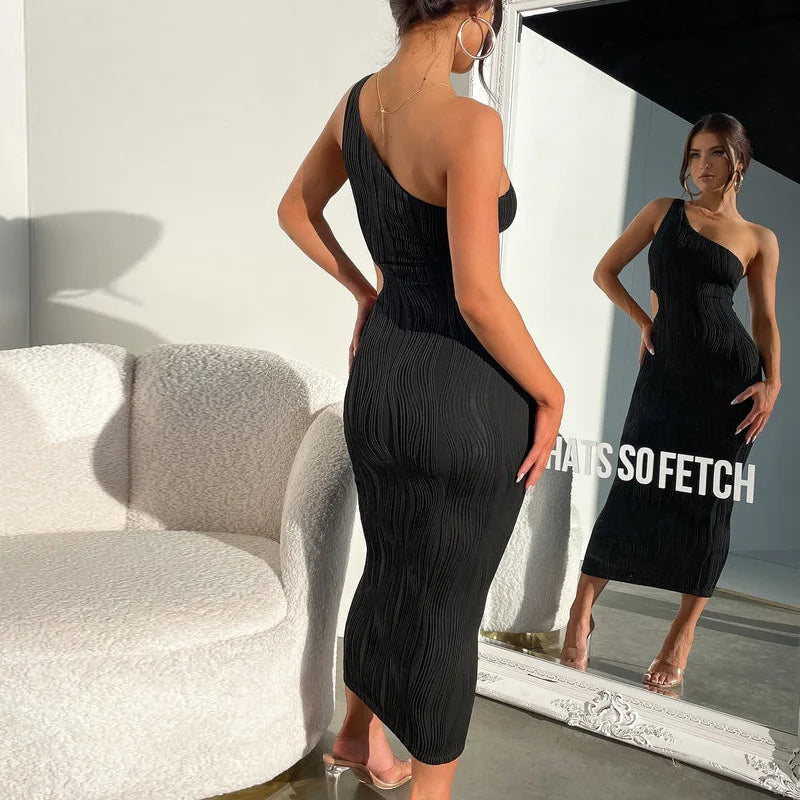 Irregular Cut Out Club Party Sleeveless One Shoulder Textured Midi Dress InsStreet