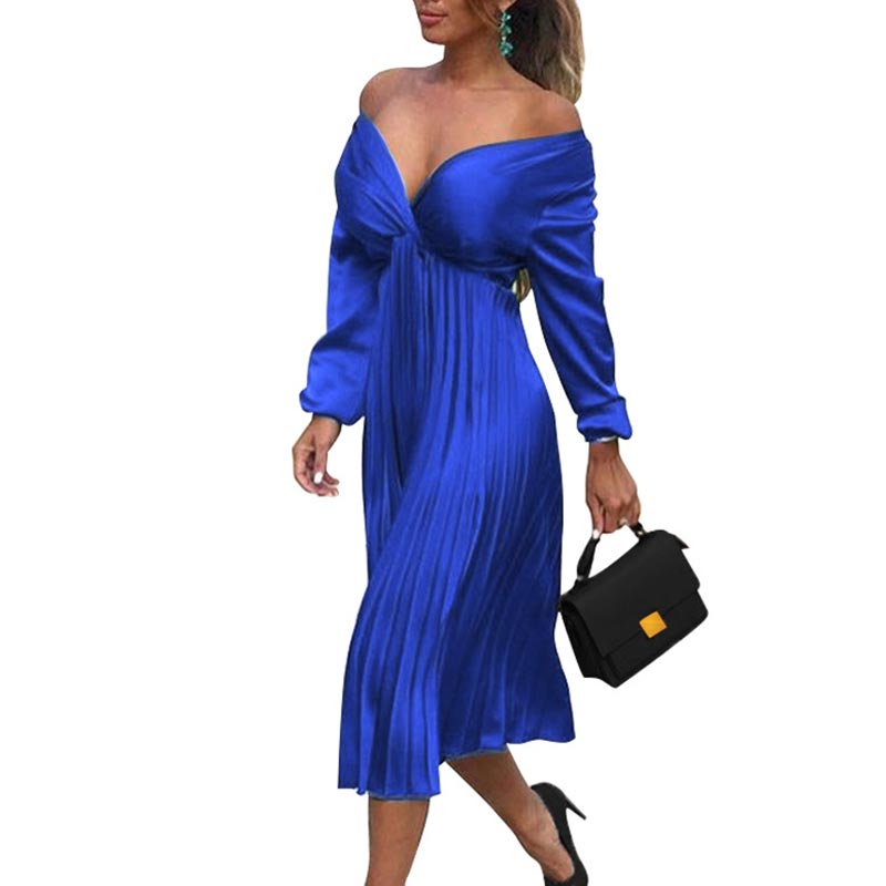 Elegant Off Shoulder V Neck Satin Pleated Midi Dress InsStreet