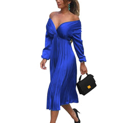 Elegant Off Shoulder V Neck Satin Pleated Midi Dress InsStreet