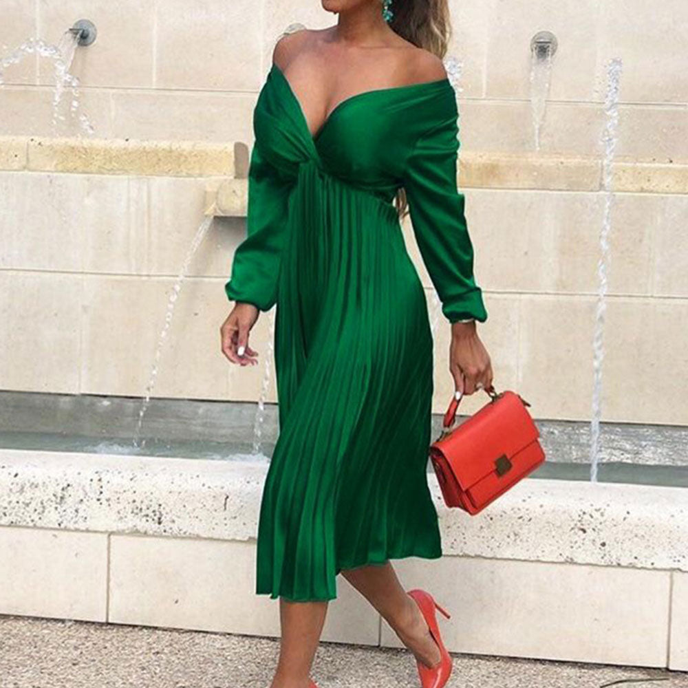 Elegant Off Shoulder V Neck Satin Pleated Midi Dress InsStreet