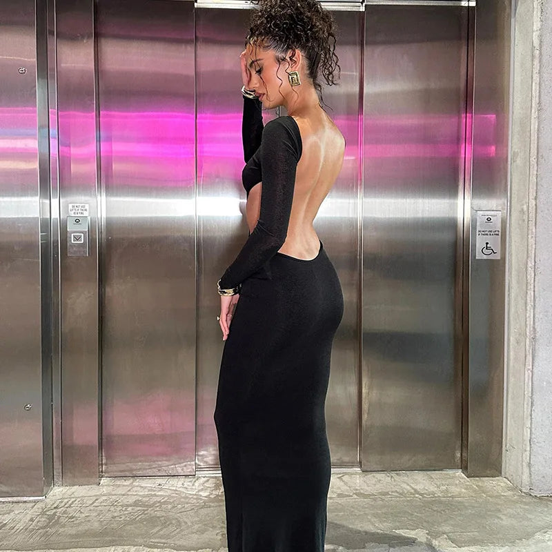 Open Back Ruched Sexy Birthday Long Sleeve Maxi Dress InsStreet