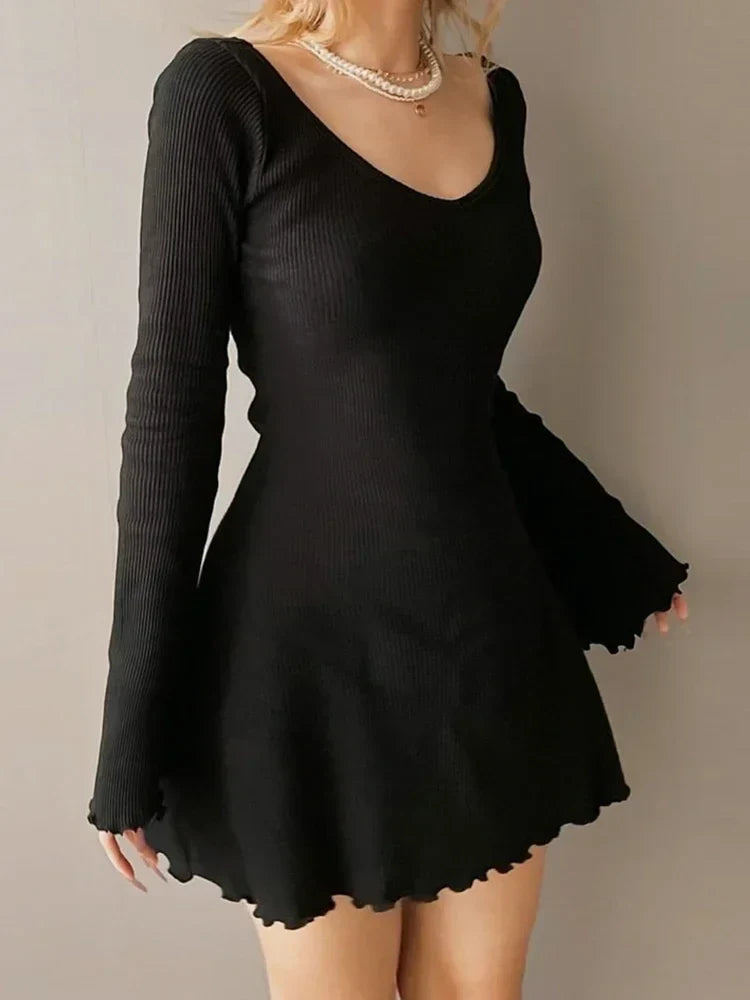 Knitting V Neck Hem Elegant Mini Dress InsStreet