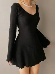 Knitting V Neck Hem Elegant Mini Dress InsStreet