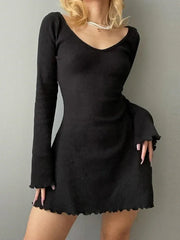 Knitting V Neck Hem Elegant Mini Dress InsStreet