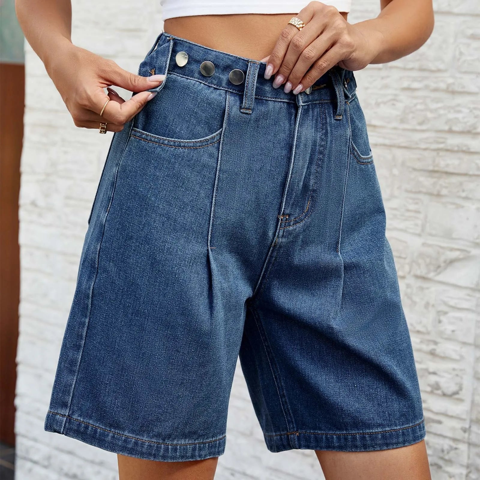 Korean Style Classic Comfortable Adjustable Quarter Blue High Waisted Wide Leg Short InsStreet