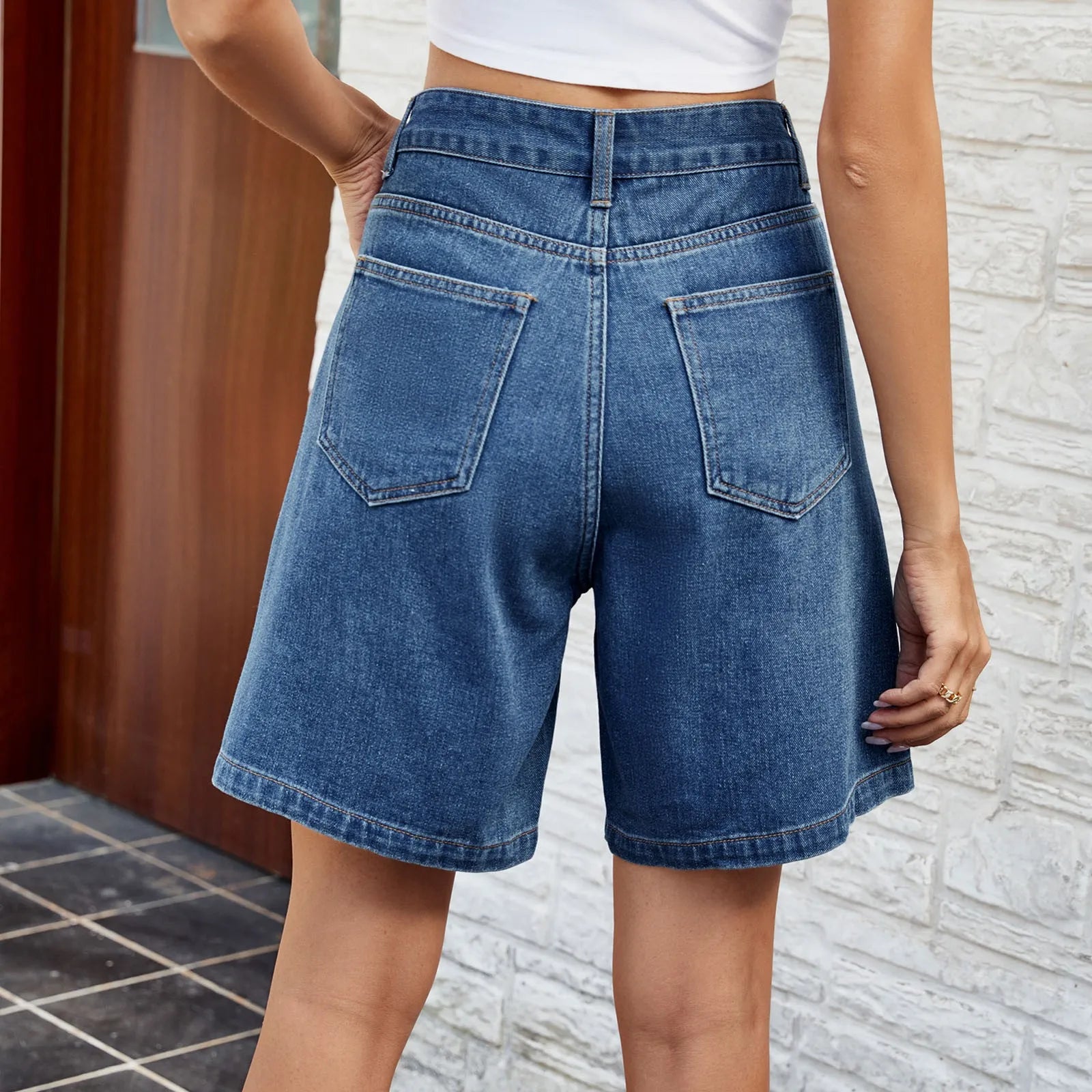 Korean Style Classic Comfortable Adjustable Quarter Blue High Waisted Wide Leg Short InsStreet